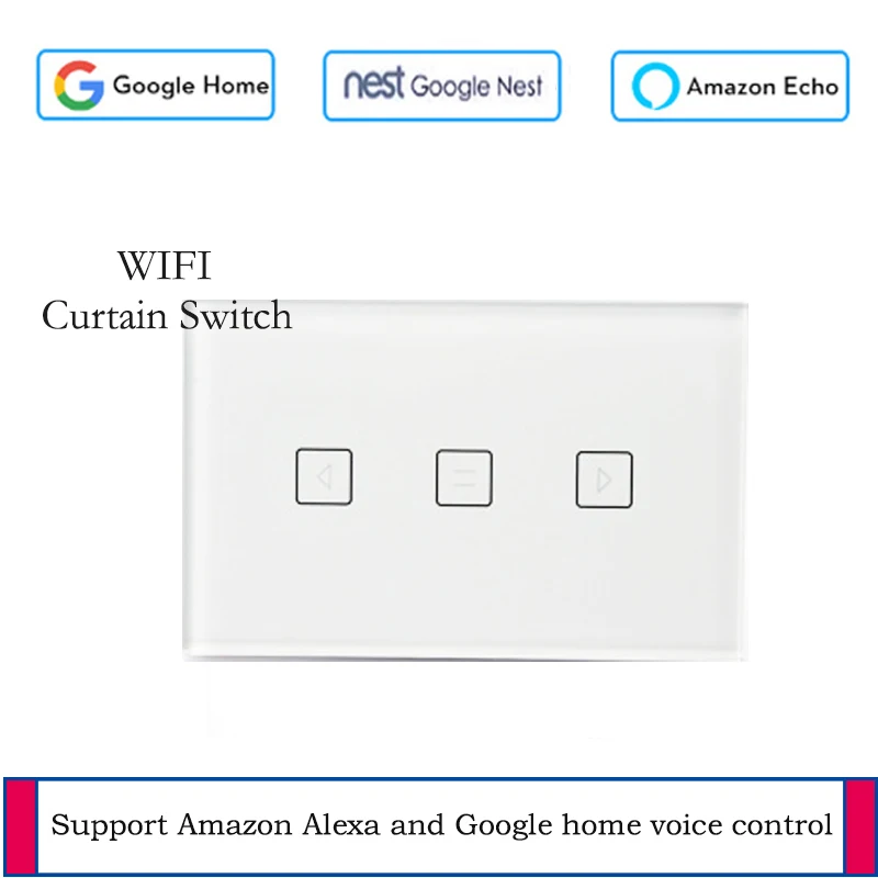US standard WIFI touch curtain switch voice control wall touch switch controlled by Tuya APP work with Alexa / Google
US standard WIFI touch curtain switch voice control wall touch switch controlled by Tuya APP work with Alexa / Google