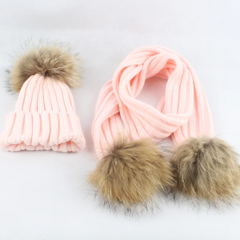 FURANDOWN kids Winter Scarf Hat Sets Children Warm Thick Stretchy Knit Beanie Pom Pom Hat Fur Caps 25