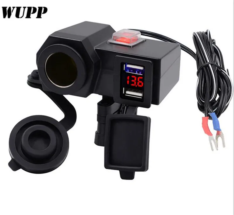 

WUPP Motorcycle Cigarette Lighter Socket Adapter 12V 4.2A USB Outlet Led Display Voltmeter With Cigarette Butts On/ Off Switch