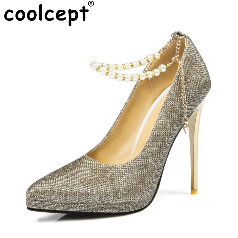 Image Women Sexy Thin High Heel Shoes Woman Less Platform Pointed Toe Heels Pumps Ladies Elegant Ankle Strap Wedding Shoes Size 31 45