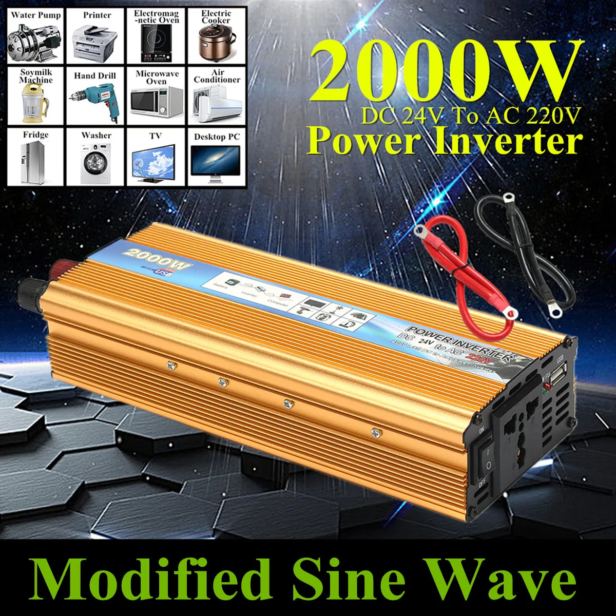 Car Modified Sine Wave Power Inverter Converter Voltage Transformer PEAK 2000W DC 24V To AC 220V Protective Circuit Portable
Car Modified Sine Wave Power Inverter Converter Voltage Transformer PEAK 2000W DC 24V To AC 220V Protective Circuit Portable