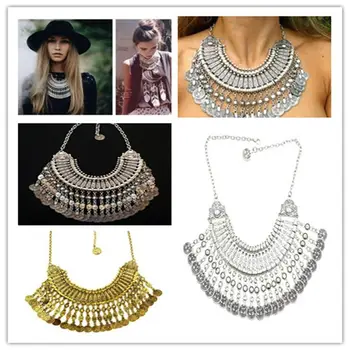 

New Bohemia Turkish Gypsy Gold Necklaces Zamac Jewelry Handcraft Ethnic Coin Fringe Choker Bib Statement Necklace Women