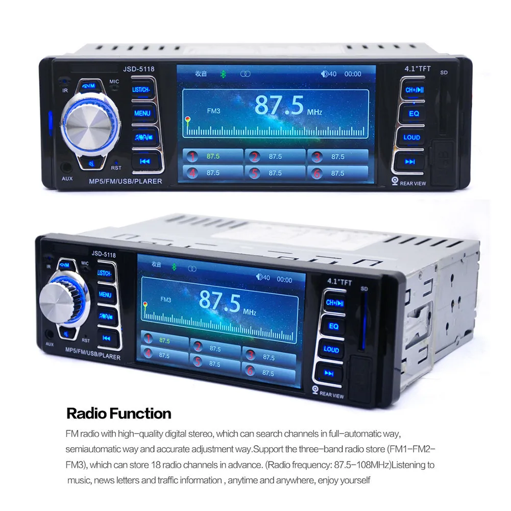 HD 4.1-inch USB Car Bluetooth 1 DIN Car In-Dash Stereo Audio FM Receiver With USB / SD / AUX MP5 Radio Player 
HD 4.1-inch USB Car Bluetooth 1 DIN Car In-Dash Stereo Audio FM Receiver With USB / SD / AUX MP5 Radio Player
