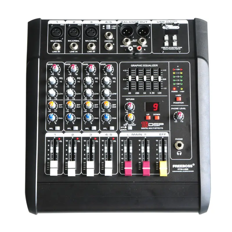Freeboss PT5-USB 5Mono Channels 16 DSP Effects 2*250W Professional USB Powered Audio Mixer Console
Freeboss PT5-USB 5Mono Channels 16 DSP Effects 2*250W Professional USB Powered Audio Mixer Console