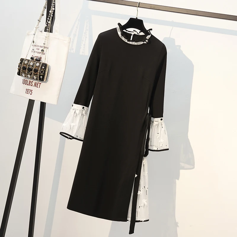 L-4XL Plus Size Women Elegant Dress Clothes Spring 2019 Korean Casual Flare Sleeve Ruffle Patchwork Organza Black Midi Dresses
L-4XL Plus Size Women Elegant Dress Clothes Spring 2019 Korean Casual Flare Sleeve Ruffle Patchwork Organza Black Midi Dresses