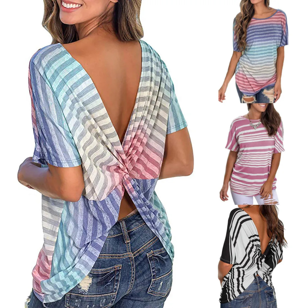 Female Summer Casual Striped Knot Backless Short Sleeve T-Shirt fashion Women's simple knotted back tops vestidos mujer verano
Female Summer Casual Striped Knot Backless Short Sleeve T-Shirt fashion Women's simple knotted back tops vestidos mujer verano