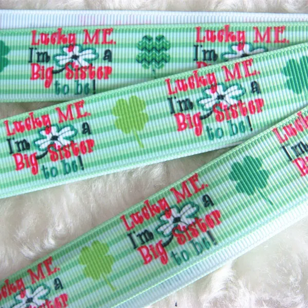 3 Yard 7/8" Grosgrain Ribbon Printed Lucky Me a Big Sister to be Lucky Clover Green 1344
3 Yard 7/8" Grosgrain Ribbon Printed Lucky Me a Big Sister to be Lucky Clover Green 1344
