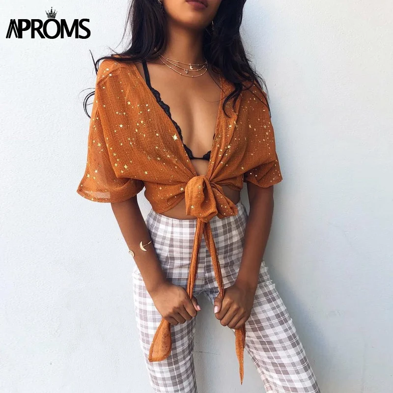 Aproms Star Print Tie Bow Chiffon Blouse Women Summer Short Sleeve V Neck Cropped Blouse Lady Shirt Streetwear Crop Top Tee 2019
Aproms Star Print Tie Bow Chiffon Blouse Women Summer Short Sleeve V Neck Cropped Blouse Lady Shirt Streetwear Crop Top Tee 2019