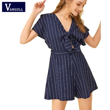 Vangull New Bow Playsuits Women Summer Striped Jumpsuit Shorts Casual Loose Short Sleeve V-neck Female Rompers Pockets Overalls
Vangull New Bow Playsuits Women Summer Striped Jumpsuit Shorts Casual Loose Short Sleeve V-neck Female Rompers Pockets Overalls