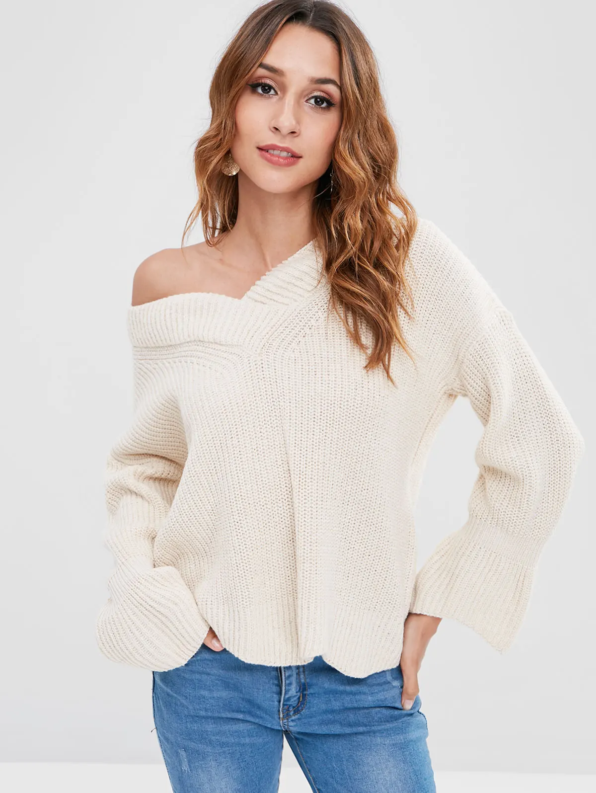 ZAFUL V Neck Drop Shoulder Sweater Belled Cuff Top Loose Micro Elastic Sexy Oversized Jumper Solid Warm Knitted | Женская одежда