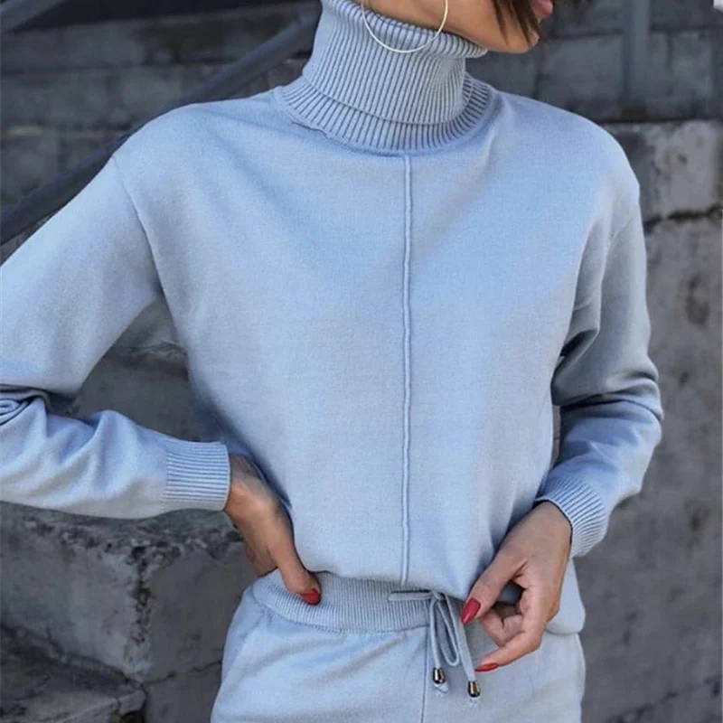 Women's Turtleneck Sweater Trousers Suits Casual Long Sleeve Knitted Sashes Bow Pants Female Sets Autumn Winter Solid Lady Set
Women's Turtleneck Sweater Trousers Suits Casual Long Sleeve Knitted Sashes Bow Pants Female Sets Autumn Winter Solid Lady Set