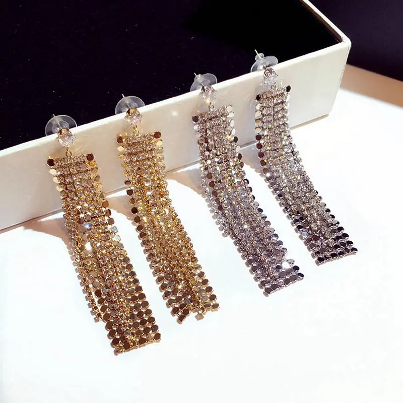 High-end Long Style Statement Earrings Gold/Silver Color Austrian Crystal Tassel Dangle Earrings Party Jewelry
High-end Long Style Statement Earrings Gold/Silver Color Austrian Crystal Tassel Dangle Earrings Party Jewelry