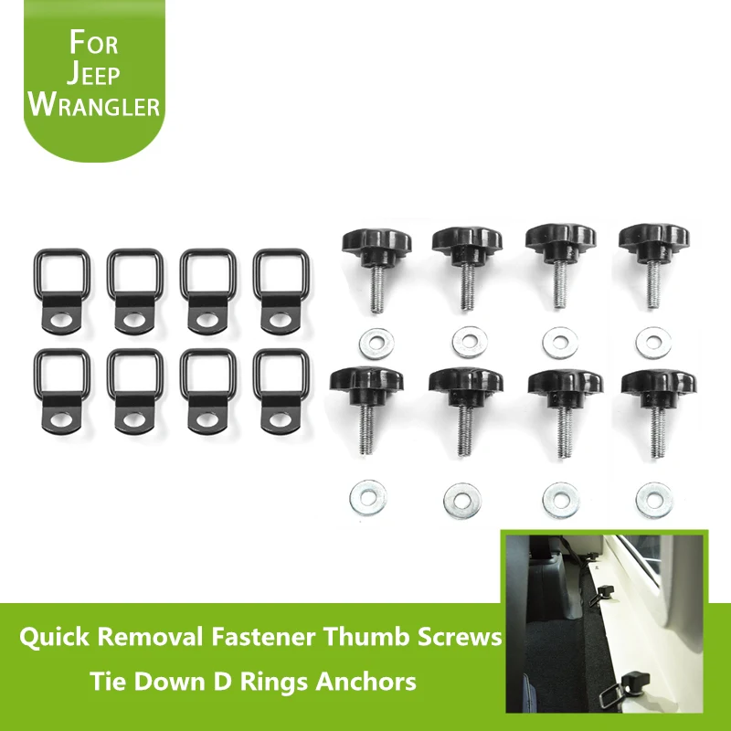 8Pack Hardtop Quick Removal Fastener Thumb Screws and 8pcs Tie Down D Rings Anchors for Jeep Wrangler Trunk Cargo Net Strap
8Pack Hardtop Quick Removal Fastener Thumb Screws and 8pcs Tie Down D Rings Anchors for Jeep Wrangler Trunk Cargo Net Strap