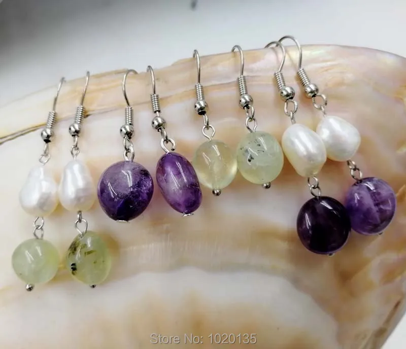 one pair freshwater pearl white and amethyst/prehnite baroque hook earrings FPPJ wholesale beads
one pair freshwater pearl white and amethyst/prehnite baroque hook earrings FPPJ wholesale beads