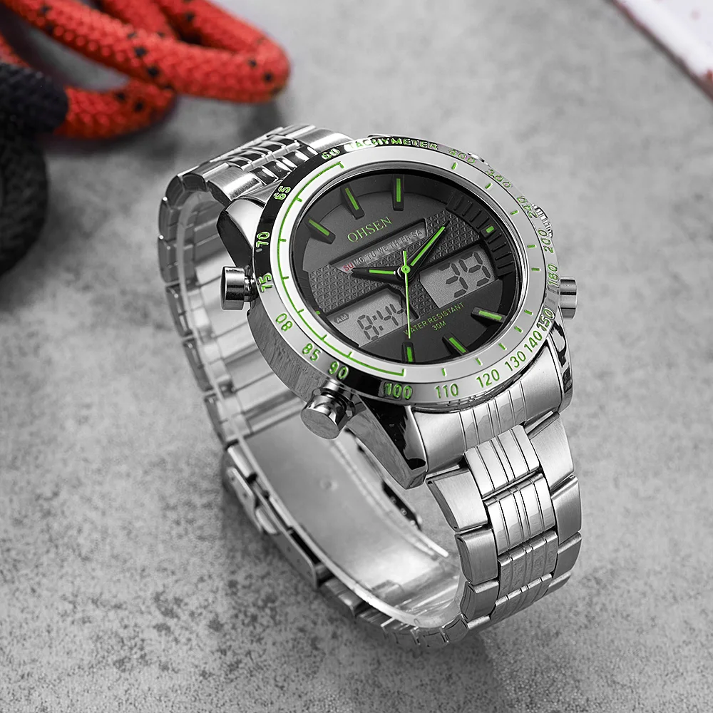 Original OHSEN Fashion Quartz Digital Watch Men Waterproof Man Analog Wristwatch Full Steel Strap Alarm LED Hombre Watch Relogio
Original OHSEN Fashion Quartz Digital Watch Men Waterproof Man Analog Wristwatch Full Steel Strap Alarm LED Hombre Watch Relogio