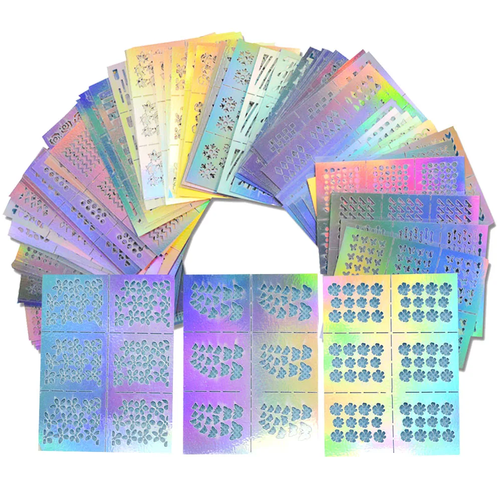 New 63 Sheets Laser Nail Vinyls Irregular Grid Stencils Hollow Sticker Art Tool for DIY Tip Guide | Красота и здоровье
