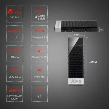 Factory Promotion Amlogic S905Y2 Quad-Core BT Android 8.1 2GB Ram 16GB Rom Android TV Stick X96S
Factory Promotion Amlogic S905Y2 Quad-Core BT Android 8.1 2GB Ram 16GB Rom Android TV Stick X96S
