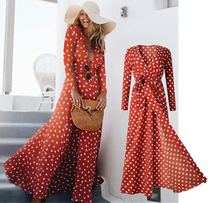 2019 Autumn Women Long Sleeves Polka Dots Dress Deep V-neck Retro Vintage Long Maxi Dress
2019 Autumn Women Long Sleeves Polka Dots Dress Deep V-neck Retro Vintage Long Maxi Dress
