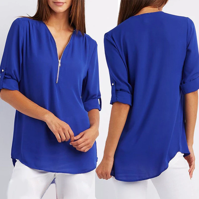 Spring Summer Women V-Neck Chiffon Blouse Casual Half Sleeve Solid Tops Loose Zipper Shirts Plus Size
Spring Summer Women V-Neck Chiffon Blouse Casual Half Sleeve Solid Tops Loose Zipper Shirts Plus Size