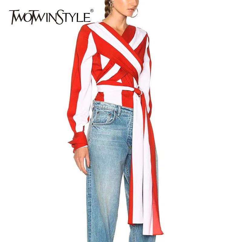TWOTWINSTYLE Striped Shirt Female Patchwork Belt High Waist Long Sleeve Large Size Blouse Women Summer Fashion Vintage Clothing
TWOTWINSTYLE Striped Shirt Female Patchwork Belt High Waist Long Sleeve Large Size Blouse Women Summer Fashion Vintage Clothing