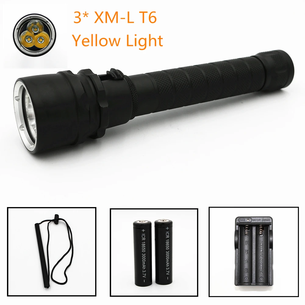 Diving flashlight 3 * XML-T6 LED 2800LM Yellow Light 30W Stepless dimming Underwater Waterproof 100M Torch Power by 2x 18650
Diving flashlight 3 * XML-T6 LED 2800LM Yellow Light 30W Stepless dimming Underwater Waterproof 100M Torch Power by 2x 18650