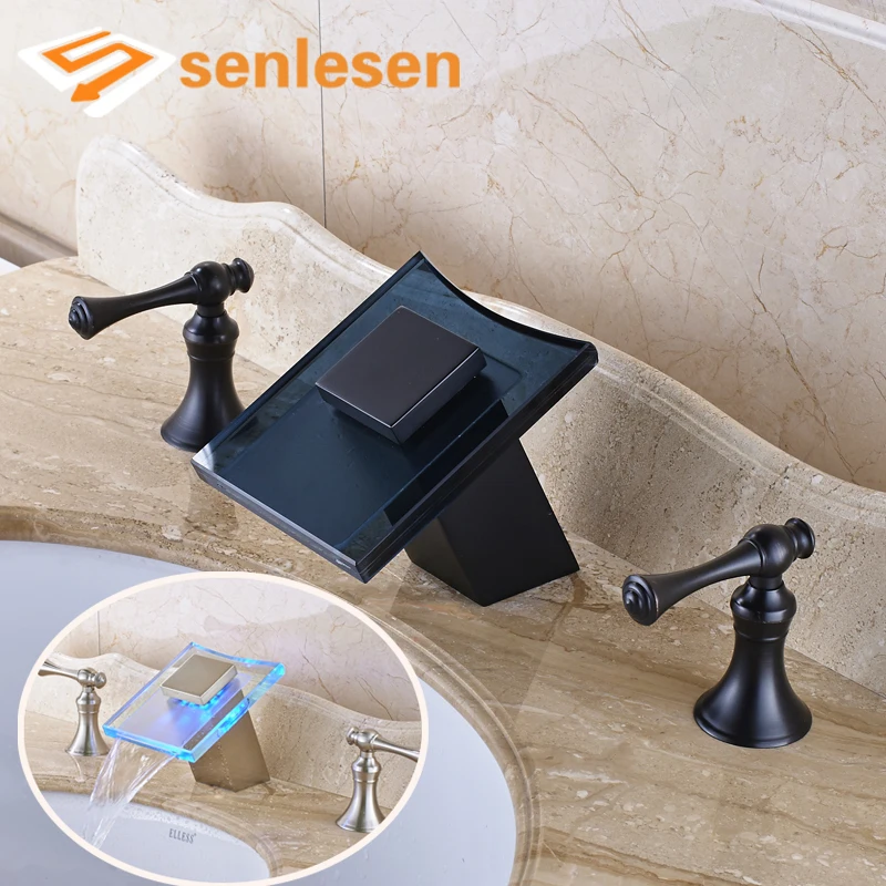 Waterfall Spout Oil Rubbed Bronze / Brushed Nickel Deck Mounted LED Light Bathroom Sink Faucet