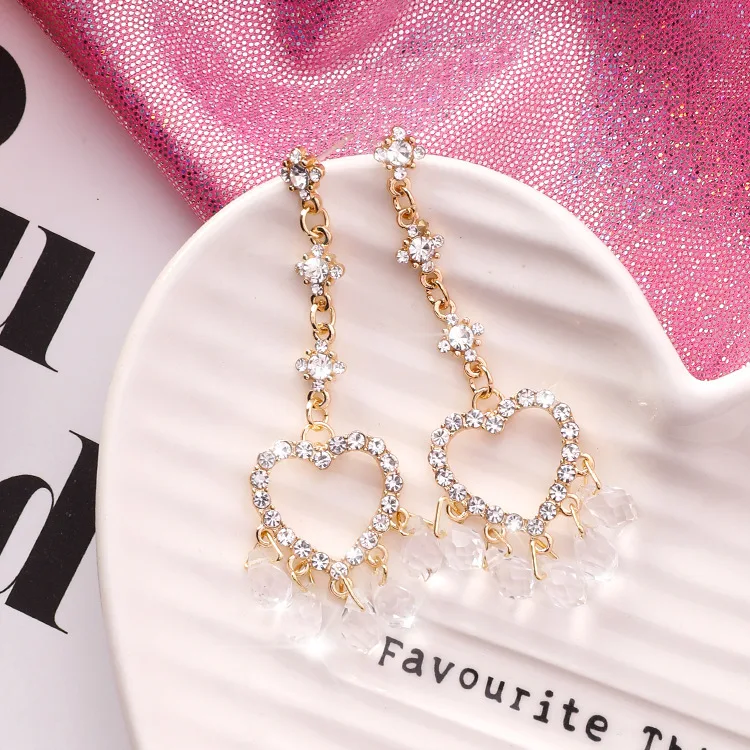 Romantic Cute Crystal Pendant Drop Earring Sweet Love Heart Zircon Long Chain Tassel Dangle Earrings Wedding Jewelry 925 Silver | Украшения
