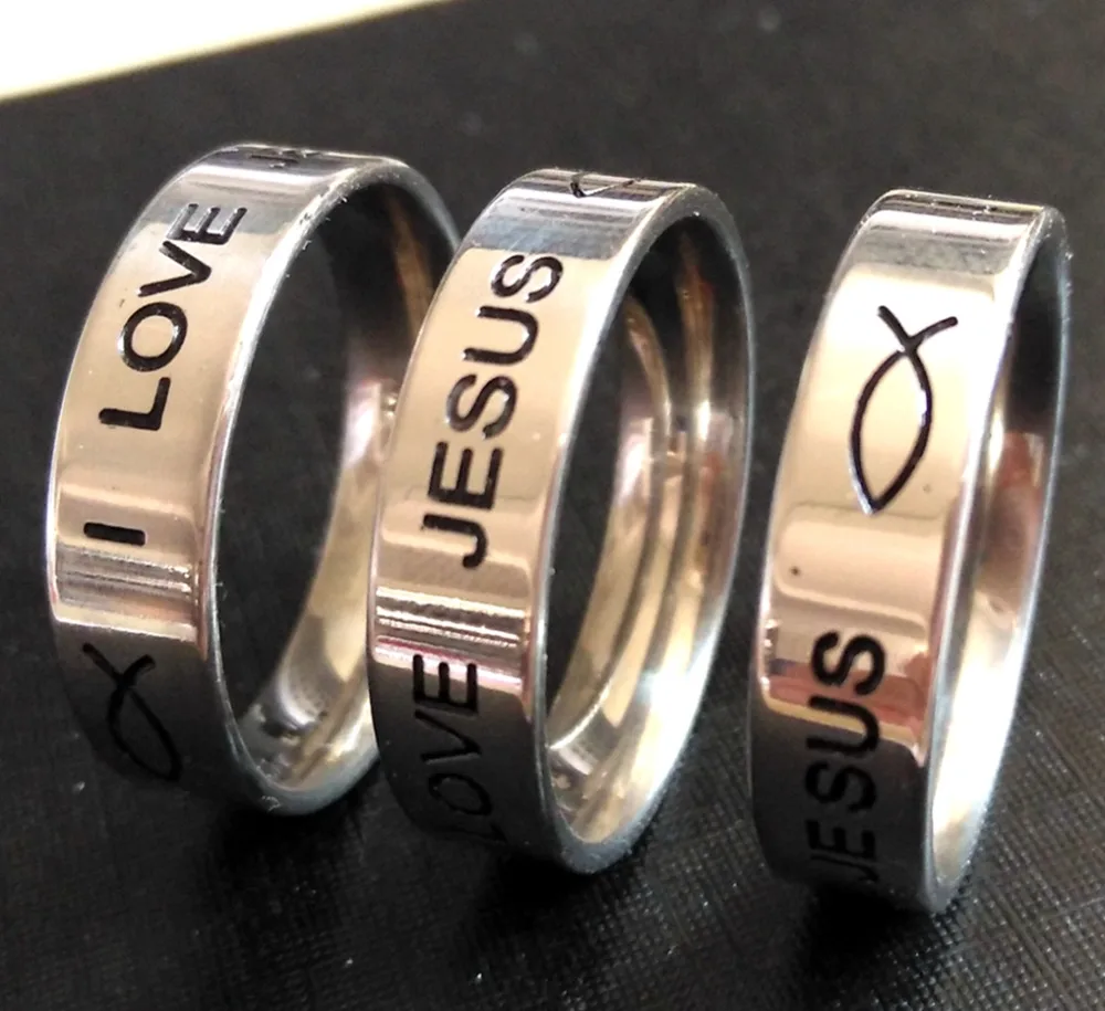 50PCS Etched oil filled Silver 6mm I love Jesus Fish 316L Stainless Steel Finger Rings Christian Ring Jesus Cross Unique Jewelry
50PCS Etched oil filled Silver 6mm I love Jesus Fish 316L Stainless Steel Finger Rings Christian Ring Jesus Cross Unique Jewelry
