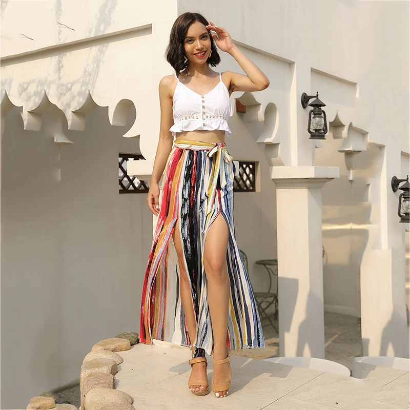 JYSS summer vacation pants women colorful striped cotton long pant for holiday split trousers women wide leg pants 82002
JYSS summer vacation pants women colorful striped cotton long pant for holiday split trousers women wide leg pants 82002
