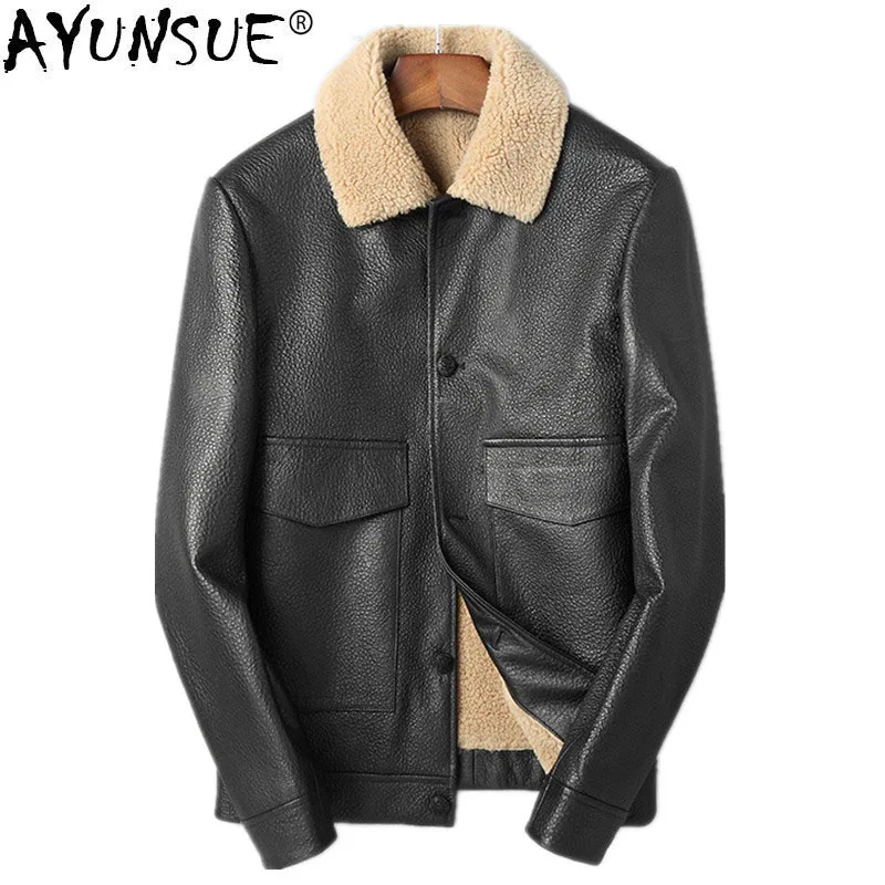 AYUNSUE Men's Genuine Leather Jacket 2018 Winter Men Sheepskin Coat Real Wool Fur Liner Baseball Jackets Plus Size MY1266 | Мужская