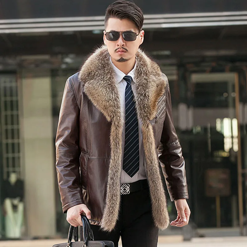 Genuine leather jacket men winter thick warm fur jacket goat skin sheep shearing fur lined natural raccoon fur collar NPI 1211K
Genuine leather jacket men winter thick warm fur jacket goat skin sheep shearing fur lined natural raccoon fur collar NPI 1211K