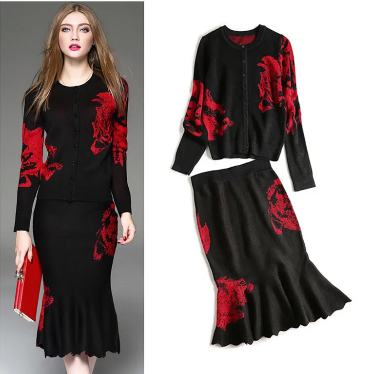 Autumn Winter Women's Knit Party Clothing Set Vintage Florals Black Red Cardigan And Mermaid Ruffles Skirts Suit Twinsets NS570
Autumn Winter Women's Knit Party Clothing Set Vintage Florals Black Red Cardigan And Mermaid Ruffles Skirts Suit Twinsets NS570