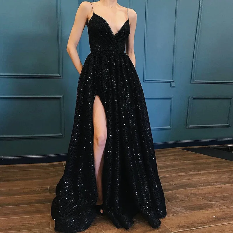 

Robe De Soiree Evening Dress 2020 Sequins V-Neck Elegant Long Formal Dress Spaghetti Straps Side Slit Vestido De Festa Abiye