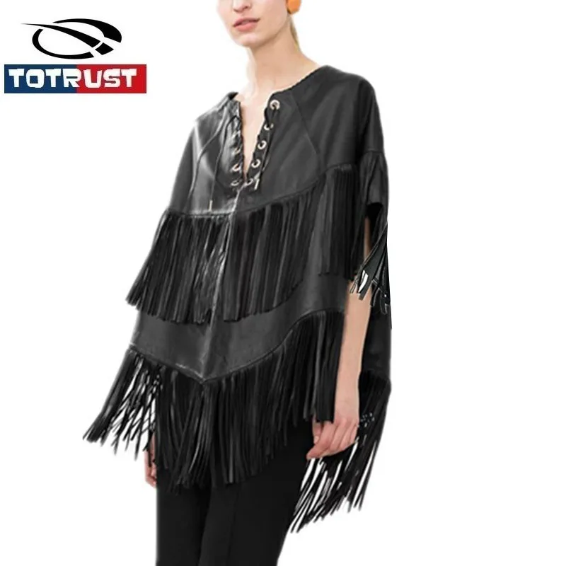 

Sexy V Neck Fringed Leather Jacket Female 2019 New Fashion Female Tassel Cape Coat Ladies Black Zipper Coats Outerwear