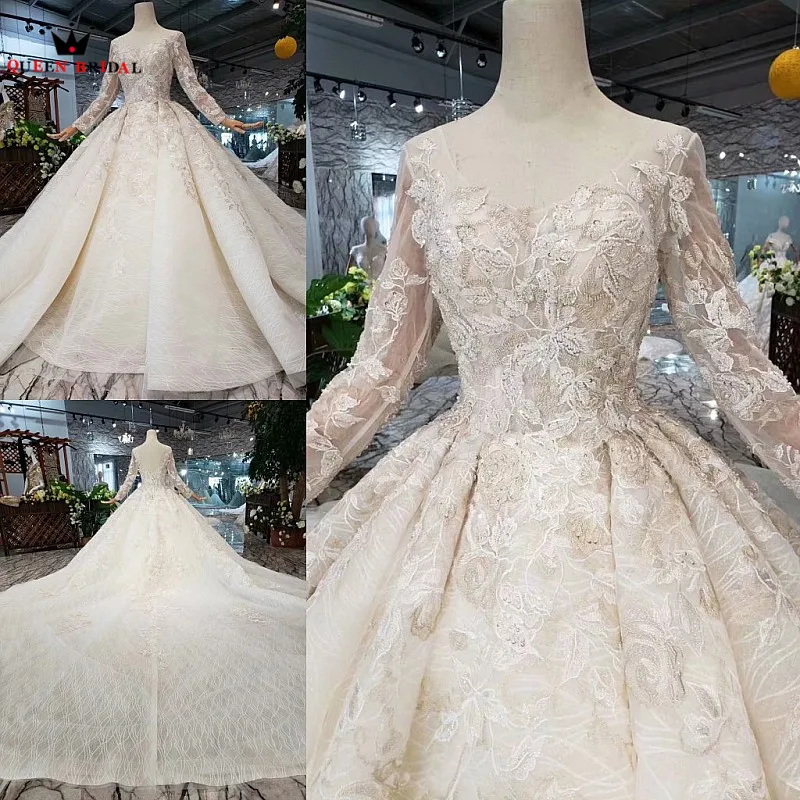 100% Real Photos Luxury Wedding Dresses Ball Gown Long Sleeves Fluffy Tulle Lace Flowers Crystal Beading 2021 New Customize SK01 | Свадьбы и