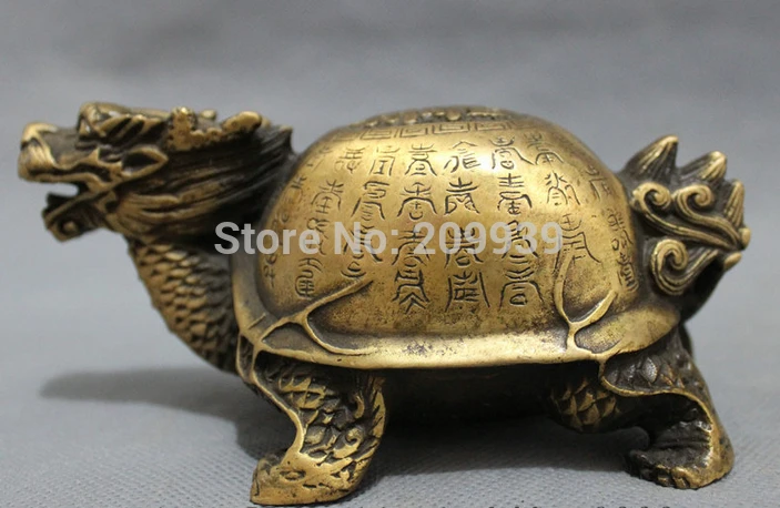 huij 005813 Chinese Bronze Collect FengShui Longevity Dragon Turtle Old HanZi Shou Statue (A0314)