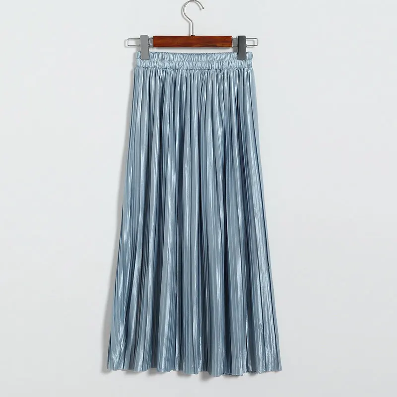 Lustrous pleated skirt metallic mid-length skirt for women of fall 2017 new Korean style joker long skirt (12)