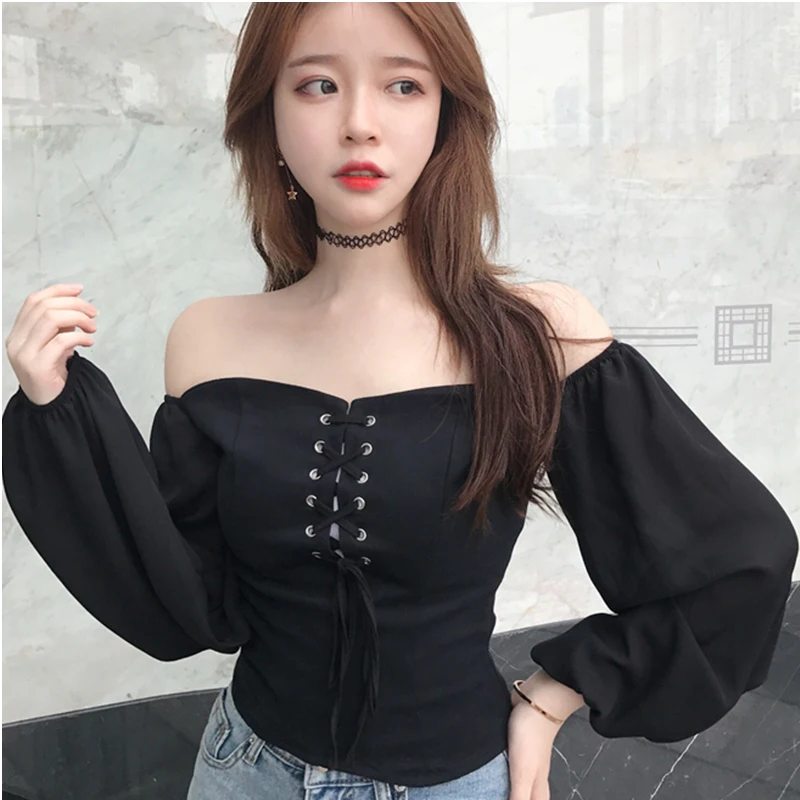 Women's Clothing Korea Fashion Slash Neck long lantern Sleeve Blouses Eyelet Lace Up strapless Sexy crop top Autumn New Shirts
Women's Clothing Korea Fashion Slash Neck long lantern Sleeve Blouses Eyelet Lace Up strapless Sexy crop top Autumn New Shirts