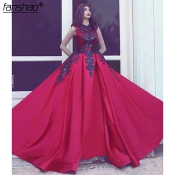 Red Evening Dresses Long Train with Black Appliques Lace Elegant Princess Jewel Prom Dresses Party Gowns
Red Evening Dresses Long Train with Black Appliques Lace Elegant Princess Jewel Prom Dresses Party Gowns