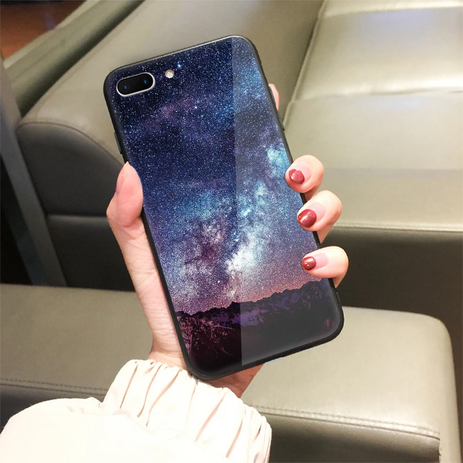 TOMKAS Star Sky Pattern Glass Case For iPhone X 7 8 6 6 s Cover Phone Cases For iPhone 7 8 6 6s Plus X Case Silione TPU PC Coque (23)