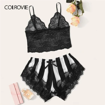 COLROVIE Black and White Floral Lace Bralet And Striped Shorts Women Pajama Set 2019 Summer Nightgowns Ladies Sexy Sleepwear
COLROVIE Black and White Floral Lace Bralet And Striped Shorts Women Pajama Set 2019 Summer Nightgowns Ladies Sexy Sleepwear