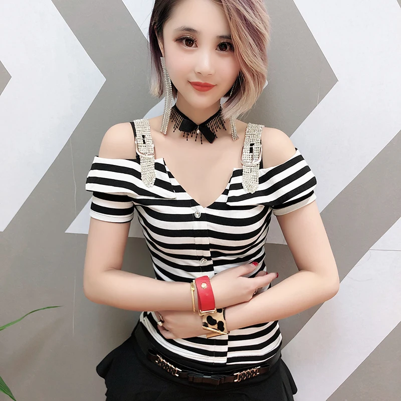 Sexy Slash Neck Off Shoulder Diamonds Pullover Tshirt 2019 Striped Women Short Sleeve Top Shirt Clothes Camiseta Mujer T96704
Sexy Slash Neck Off Shoulder Diamonds Pullover Tshirt 2019 Striped Women Short Sleeve Top Shirt Clothes Camiseta Mujer T96704