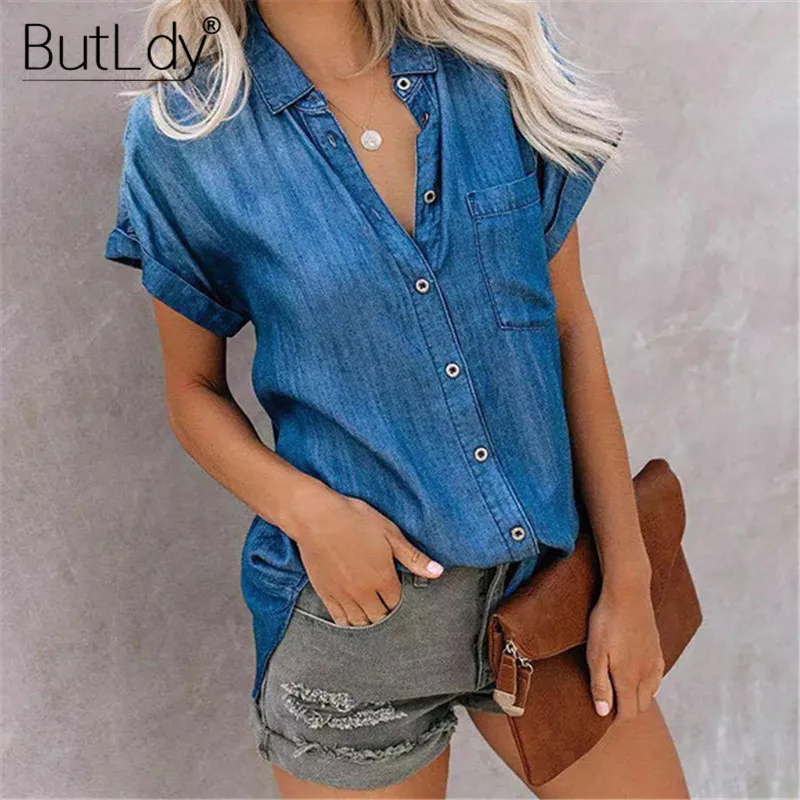 Denim Blouse Shirt Women Turn-Down Collar Short Sleeve Casual Blouses Summer 2019 Pockets Buttons Cardigan Tops Female Shirts
Denim Blouse Shirt Women Turn-Down Collar Short Sleeve Casual Blouses Summer 2019 Pockets Buttons Cardigan Tops Female Shirts