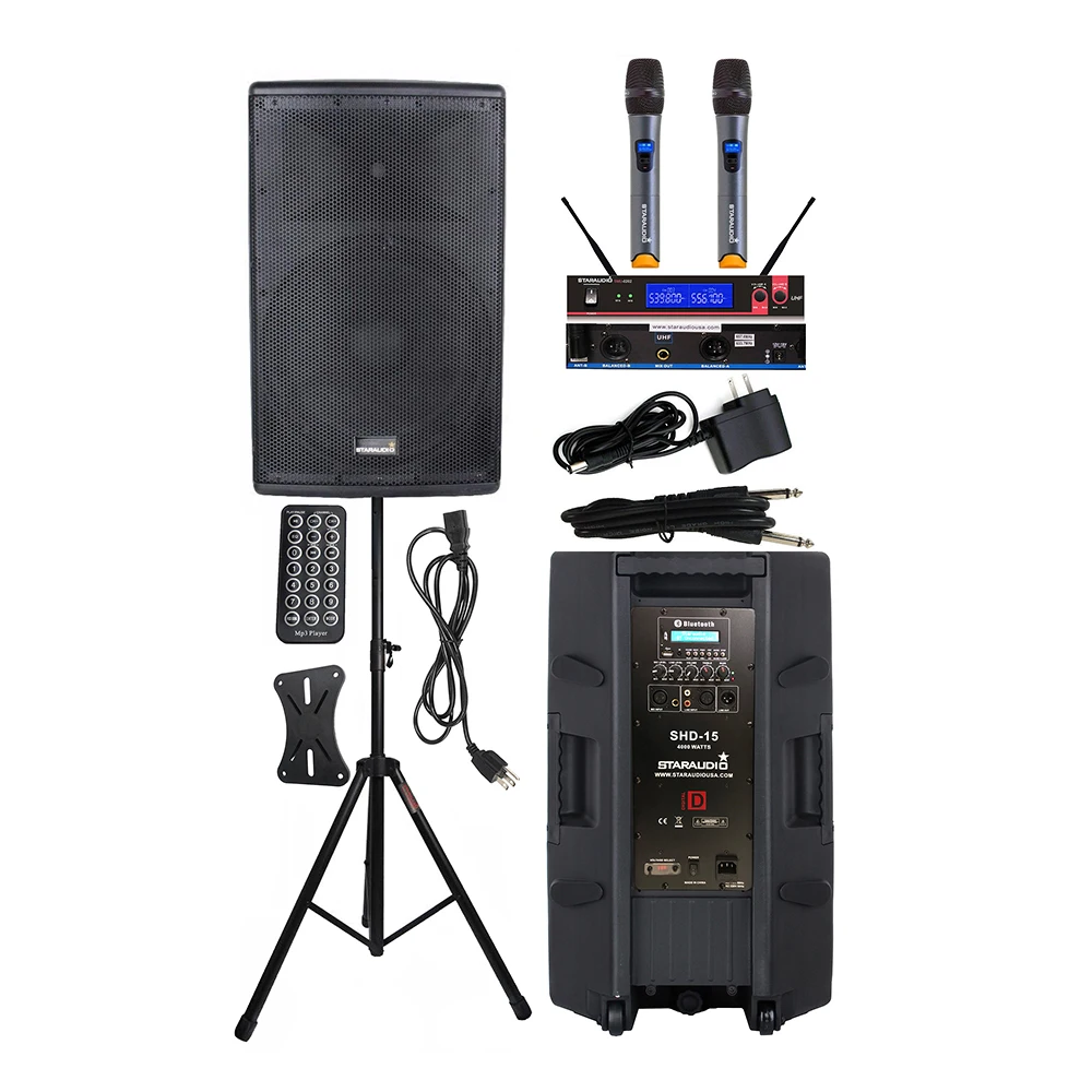STARAUDIO 4000W DJ 15" Powered PA Audio Speaker Stage KTV Bar Active Speaker Stand 2CH UHF Wireless Handheld Microphone SHD-15
STARAUDIO 4000W DJ 15" Powered PA Audio Speaker Stage KTV Bar Active Speaker Stand 2CH UHF Wireless Handheld Microphone SHD-15