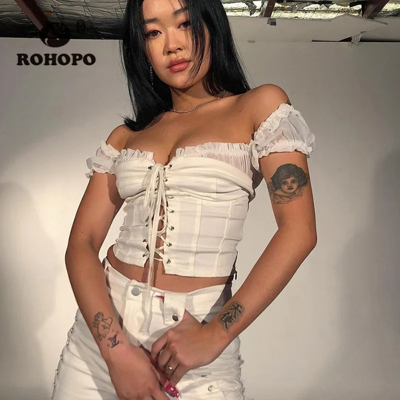 ROHOPO Off Shoulder Mesh Short Sleeve Women Tops Tank Band Cardigan Slim High Waist Crop Woman Summer Ruffles Tops #T1733721
ROHOPO Off Shoulder Mesh Short Sleeve Women Tops Tank Band Cardigan Slim High Waist Crop Woman Summer Ruffles Tops #T1733721
