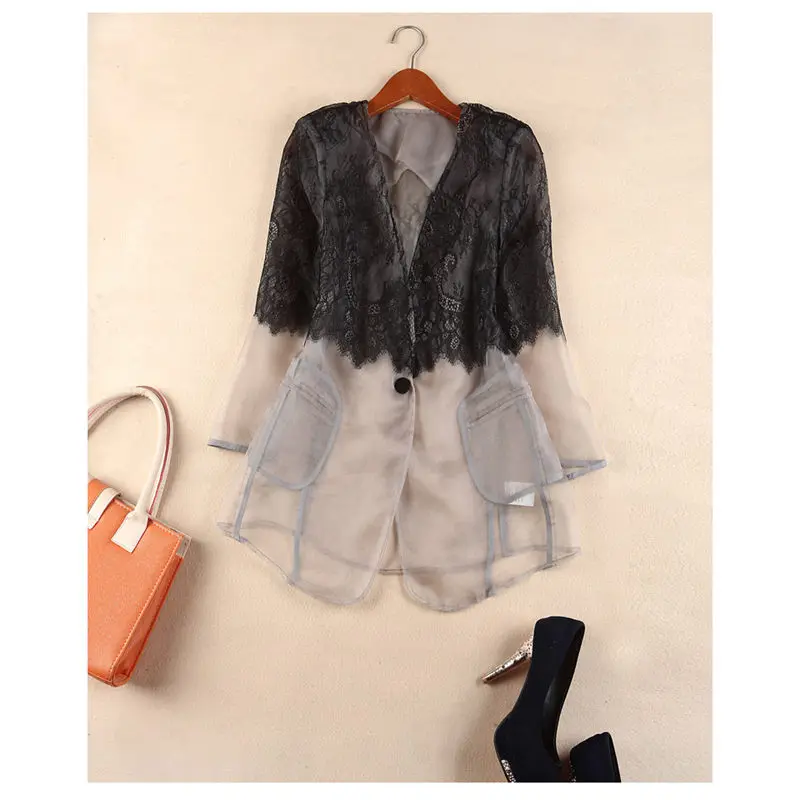 Fashion Spliced Organza Jacket 2019 Spring New V-neck Lace Shirt Seven Sleeve Suit Jacket Thin Female Slim Fit Blazer Coat f702
Fashion Spliced Organza Jacket 2019 Spring New V-neck Lace Shirt Seven Sleeve Suit Jacket Thin Female Slim Fit Blazer Coat f702