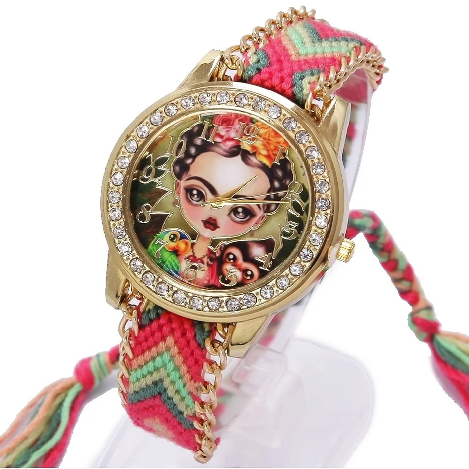 

Rainbow Geneva Watch Women vintage Mexican Paint Girl Rhinestone Style dial Fashion wristwatch Lace Gold Chain Braid Reloj