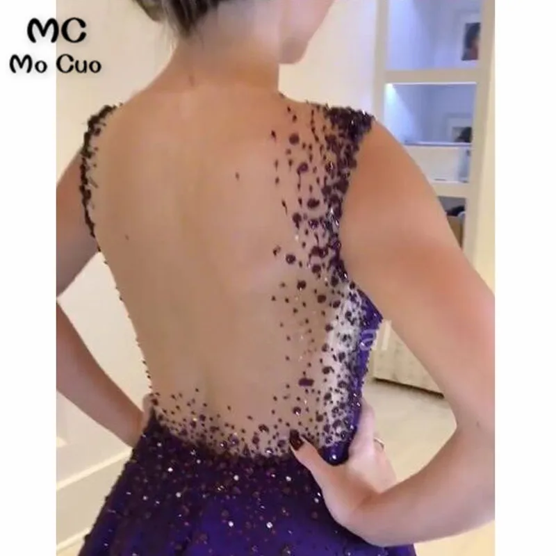 Purple Cute Round Neck Tulle and Satin Beads Long Prom Dress, Purple Evening Dress3