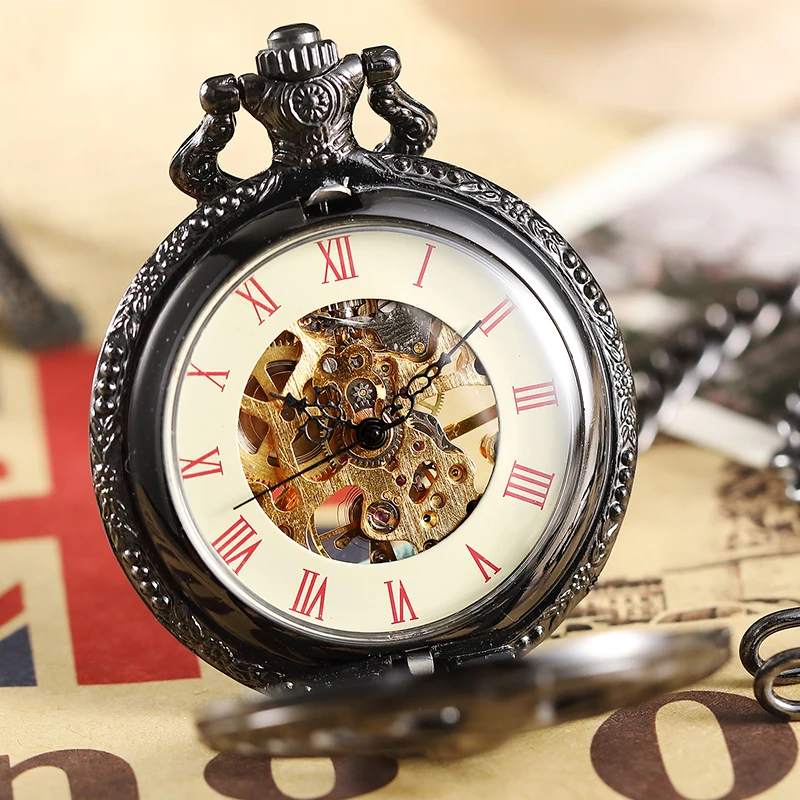 

Vintage Steampunk Mechanical Pocket Watch Black Spine Ribs Style Men Hollow Skeleton Clock Roman Pocket Watch with Fob Chain New