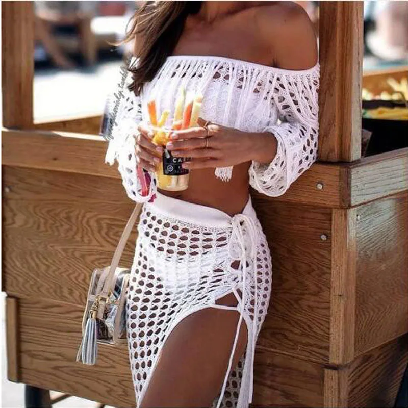 Women Swimsuit Bikini Cover Up Sexy Knitting Crochet Tassel Swimwear Long Sleeve Off Shoulder High Split 2 Pieces Set Beachwear
Women Swimsuit Bikini Cover Up Sexy Knitting Crochet Tassel Swimwear Long Sleeve Off Shoulder High Split 2 Pieces Set Beachwear